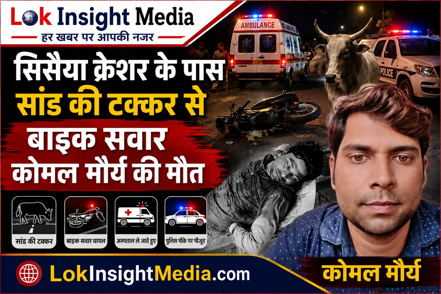 पढुआ थाना क्षेत्र के सिसैया क्रेशर के पास सांड से टकराई बाइक, दुकान बंद कर घर लौट रहे कोमल मौर्य की दर्दनाक मौत