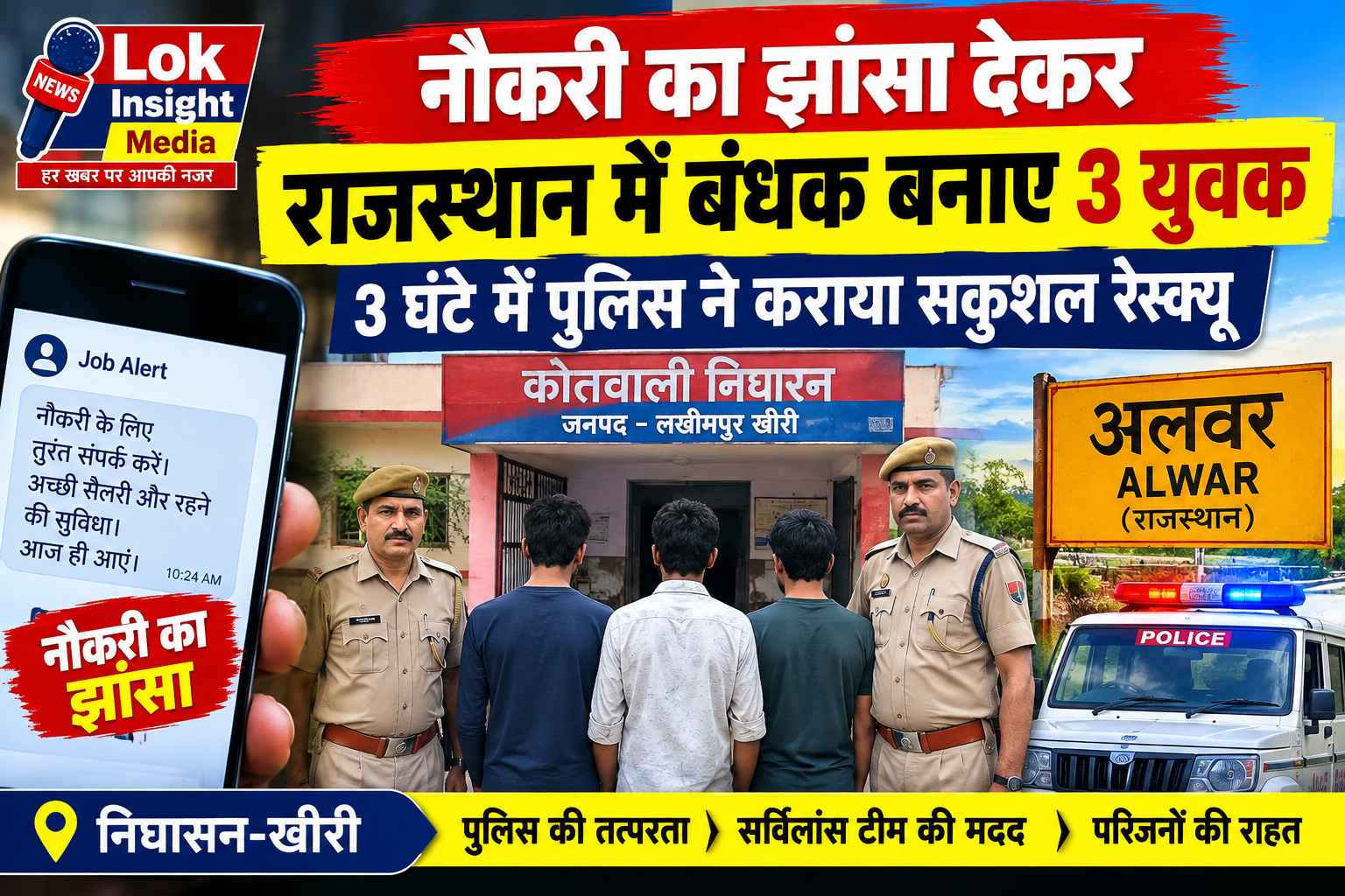 नौकरी के मैसेज के बाद राजस्थान पहुंचे तीन युवकों को पुलिस ने करीब तीन घंटे में सकुशल बरामद किया।